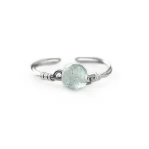 Aquamarine Ring Handcrafted with Natural Gemstone Silver-Plated Brass Adjustable Double Band Hypoallergenic Comfortable Everyday Wear