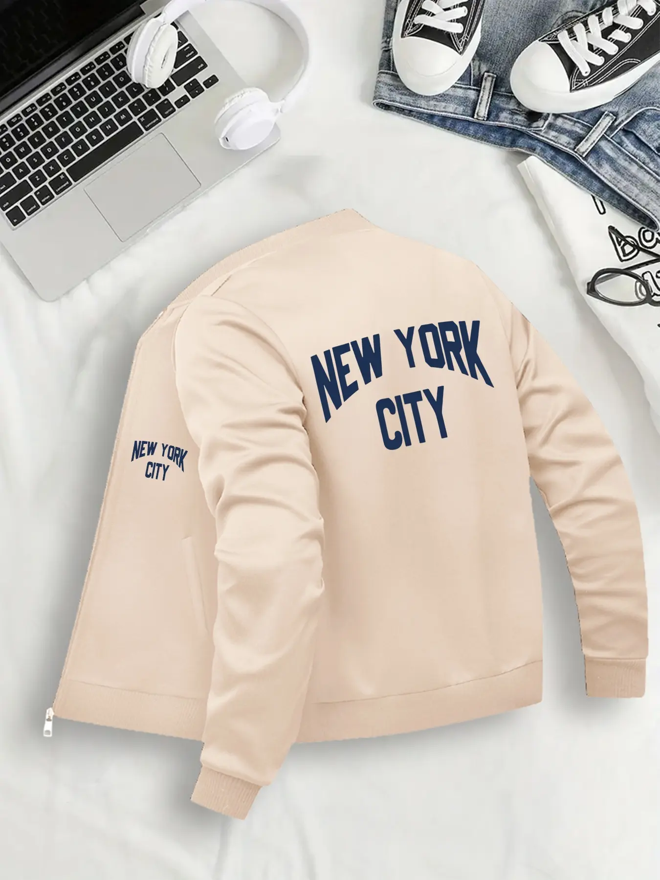 Women's Casual Fitted Jacket, New York City Graphic Print, Baseball Collar, Zipper Closure, Pockets, S to Xxl, All Seasons