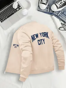 Women's Casual Fitted Jacket, New York City Graphic Print, Baseball Collar, Zipper Closure, Pockets, S to Xxl, All Seasons