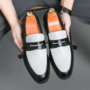 Men's Two-Tone Loafers Casual Boat Shoes Soft Leather Slip-On Flat Sole Black & White Tactical Walking Footwear for Men and Boys