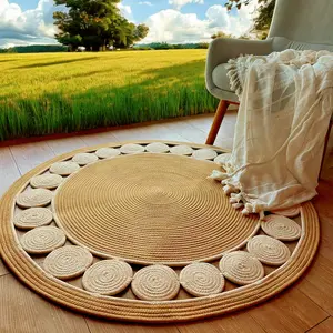 1pc Bohemian Linen Hand woven Round Area Rug - Foldable, Non-Slip, Artistic Floor Mat for Farmhouse Living Room, Bedroom, Bathroom, Machine Washable, Indoor Outdoor Mat | Rugs for Living Room & Garden Countryard - Various Size Boho Area Rugs