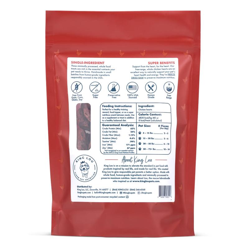 King Lou Whole Chicken Hearts for Dogs and Cats 100% USA Human-Grade, Single Ingredient Treats Chews, Rich in Taurine for Heart Health, Premium Quality