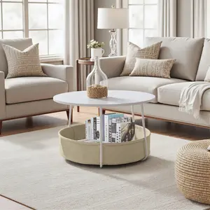 HomyCasa Tilla End Table with Storage Small Round Side Table White Wood Finish Beige Fabric Basket Metal Frame Perfect for Living Room Bedroom Apartment or Dorm