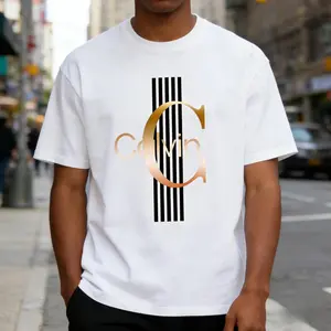 【2Pcs 100% Cotton】Men'S Casual Calvin Graphic T-Shirt - Bold Letter Print with Black Stripes & Golden Accents, Breathable Round Neck Summer Streetwear, Machine Washable, Comfortable Everyday Fashion Tee, Everyday Tshirt|Bold Letter Print, T Shir Cotton