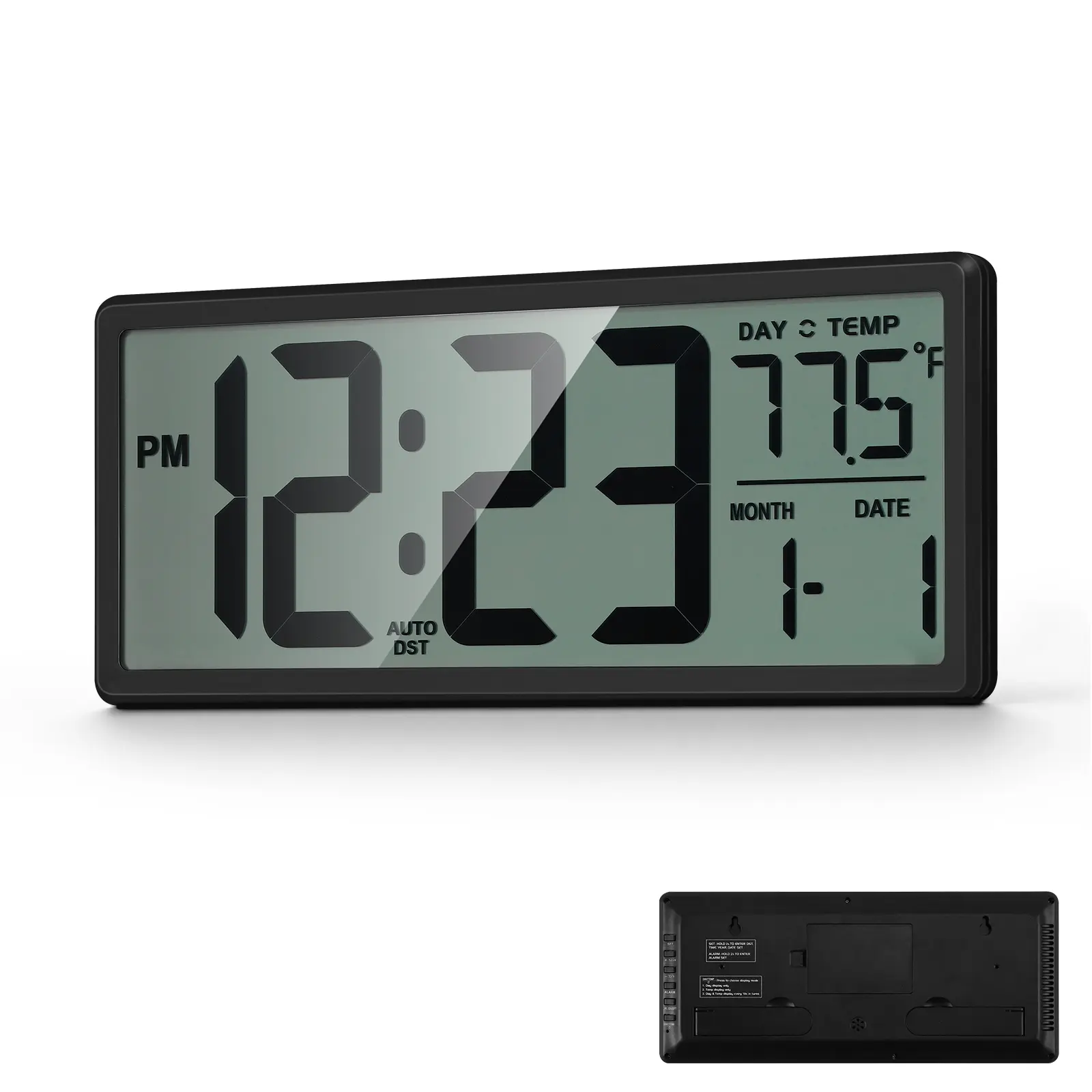 Digital Wall Clock Large Display, 13.7 Inch LCD Digital Alarm Clock, Battery Operated Wall Mount & Tabletop Clock with Time Date Week Temperature, Auto DST for Home Kitchen Bedroom Office