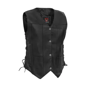 DANIEL SMART Revenge Ride Women's Leather Motorcycle Vest - 1.2mm Premium Cowhide, V-Neck, Side Lacing, Black Snap Closure, Conceal Carry Pockets, Heavy Duty Mesh Liner, XS-5XL