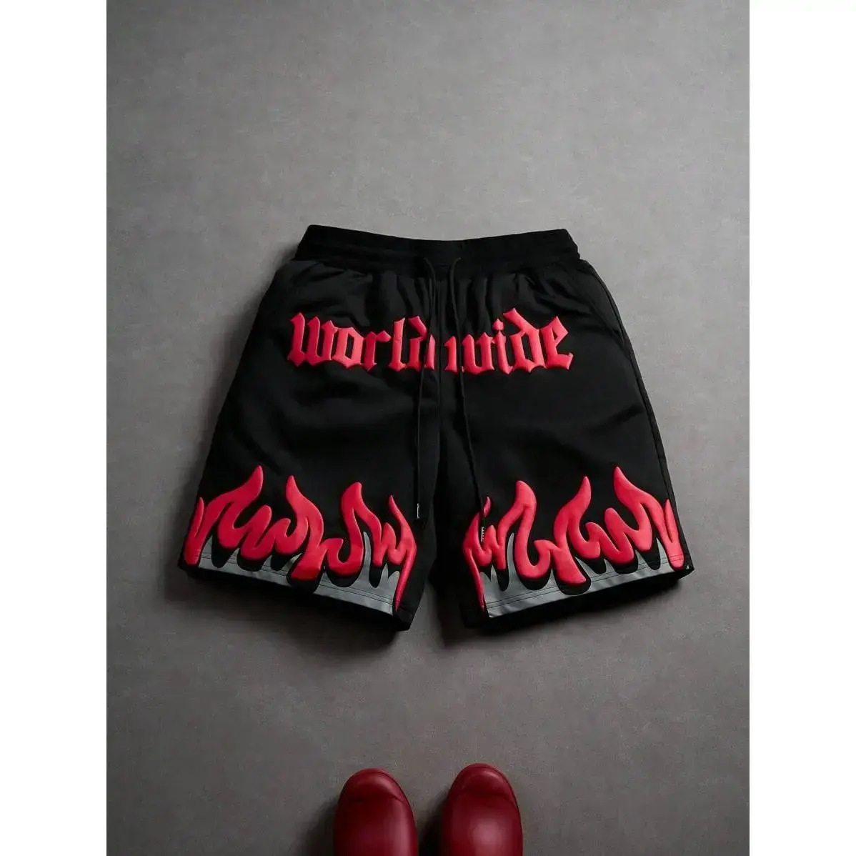 Men's Casual Summer Flame & Letter Print Shorts, Black Graphic Shorts, Red Flame Shorts, Back To School Men's Casual Summer Flame & Letter Print Shorts, Black Graphic Shorts, Red Flame Shorts, Back To School