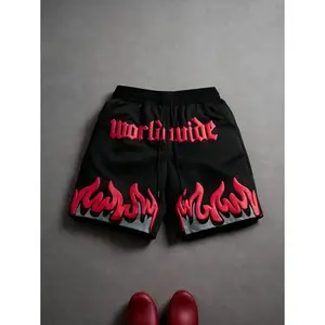Men's Casual Summer Flame & Letter Print Shorts, Black Graphic Shorts, Red Flame Shorts, Back To School