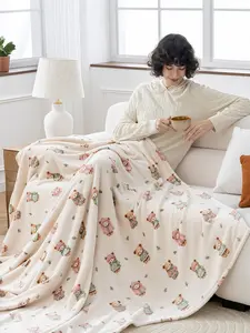 【Summervibes】VelvetLoft Printed Flannel Blanket Soft Lightweight Cozy Throw with Cute Pattern for Home Sofa Bed Cartoon Bear decorative giftable