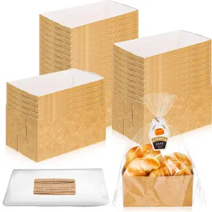 50 Pcs Disposable Paper Baking Pans Mini Loaf Cake Pans with Clear Package Bag Small Rectangle Loaf for Family Gathering Bakery Dessert Shop