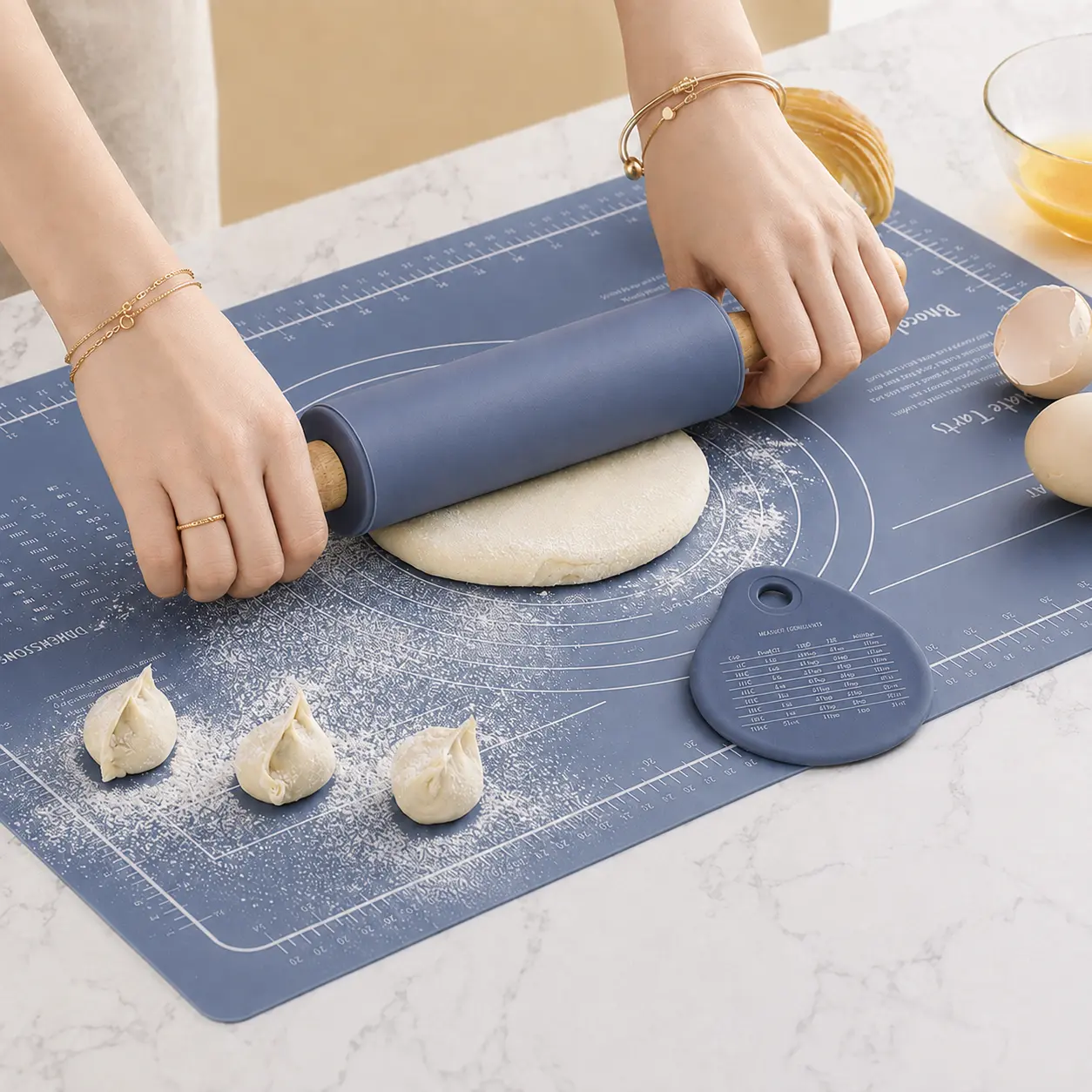 3-Piece Bakeware Set Pack, Silicone Rolling Pin, Measuring Grid Baking Mat (23.6"x15.7") & Dough Scraper - Non-Stick Pastry Tools for Baking Uses Including Pizza, Pie