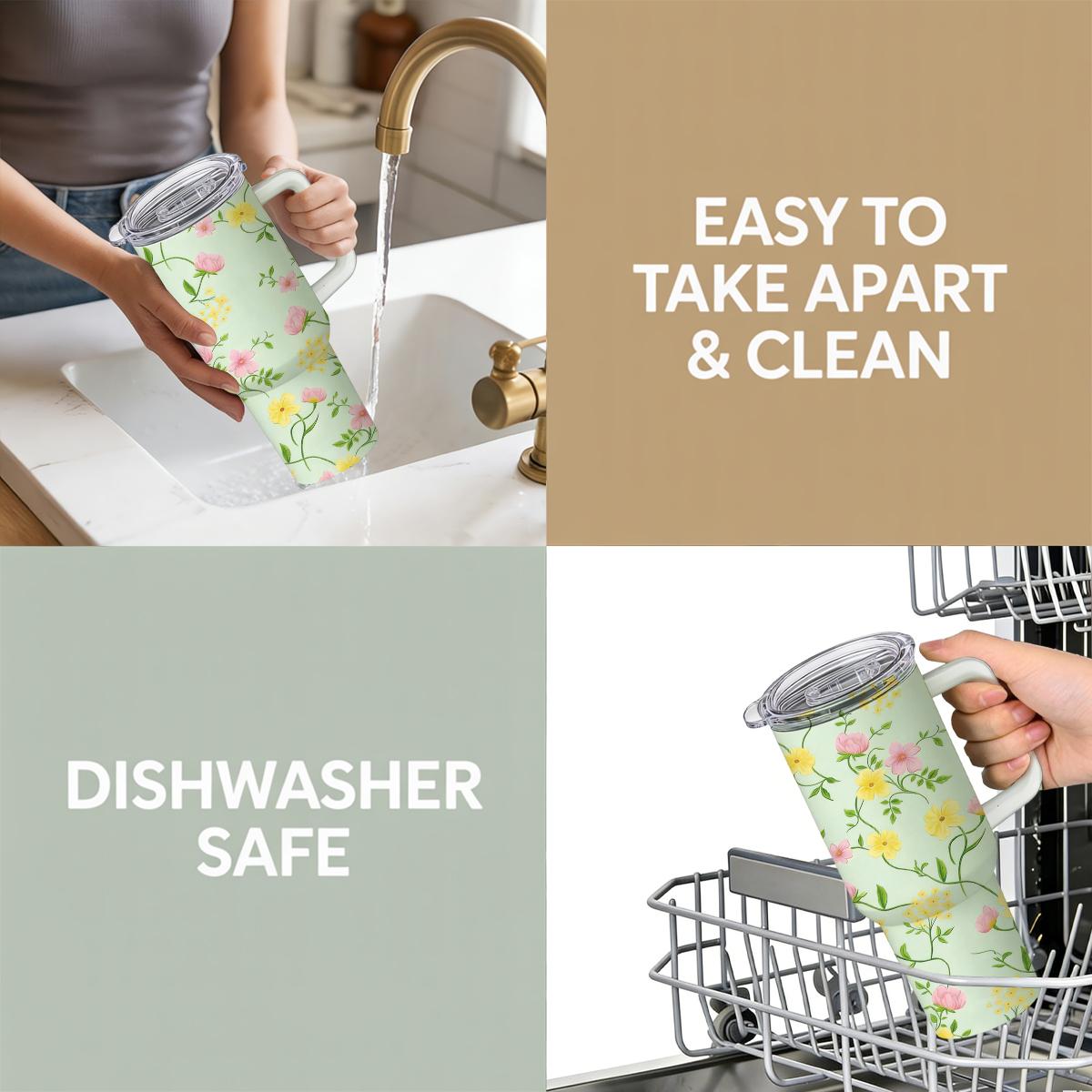 Floral Bloom 30 oz Travel Mug, Sunkissed Yellow & Pink Wildflower Print on Pastel Green, Ambidextrous Lid with Handle, Triple-Wall Insulated Iced Coffee Cup for Summer Road Trips special edition