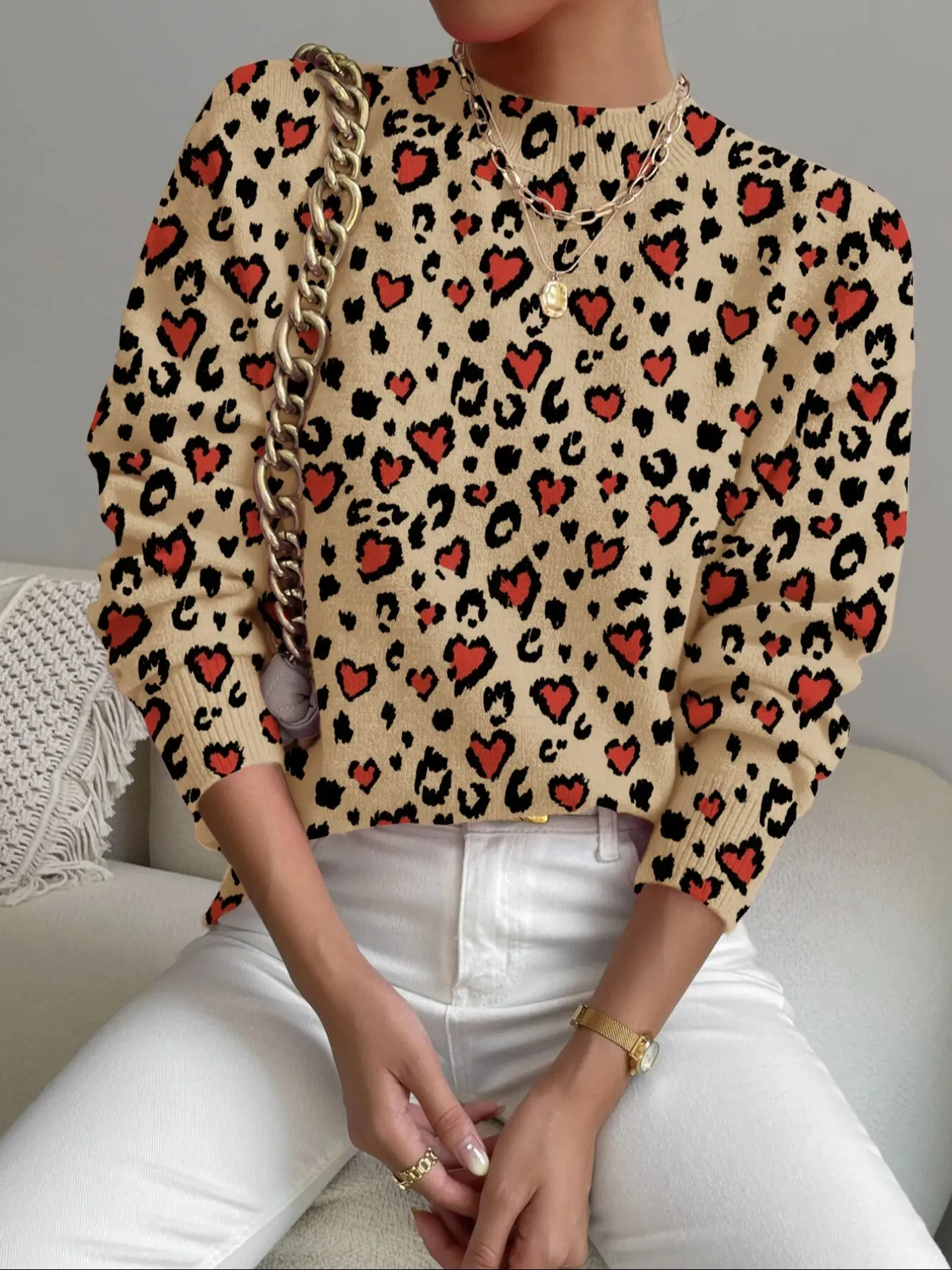 Women's Heart Print Stand Collar Sweater, Fall Winter Casual Long Sleeve Knitwear, Comfortable Warm Daily Wear