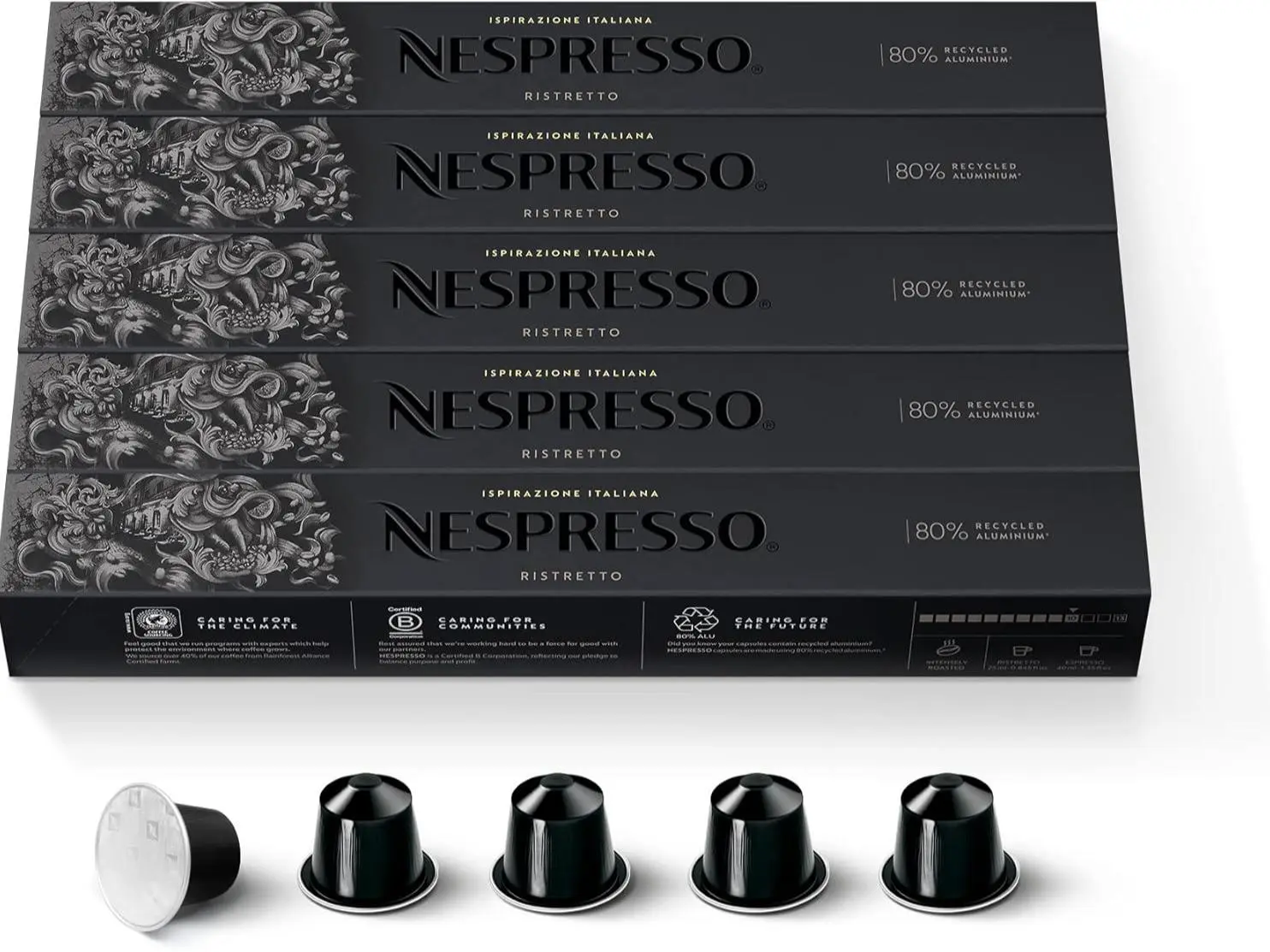 NESPRESSO Original Espresso Coffee Pods - 50-Pack Inspirazione Ristretto Capsules, Rich Robusta Beans, Medium Roast, Sugar Free, For Nespresso Machines, 12-Month Shelf Life, Recyclable, Adult-Friendly, Cupboard Storage Compatible, Single-Serve, ~2Kcal/Cap
