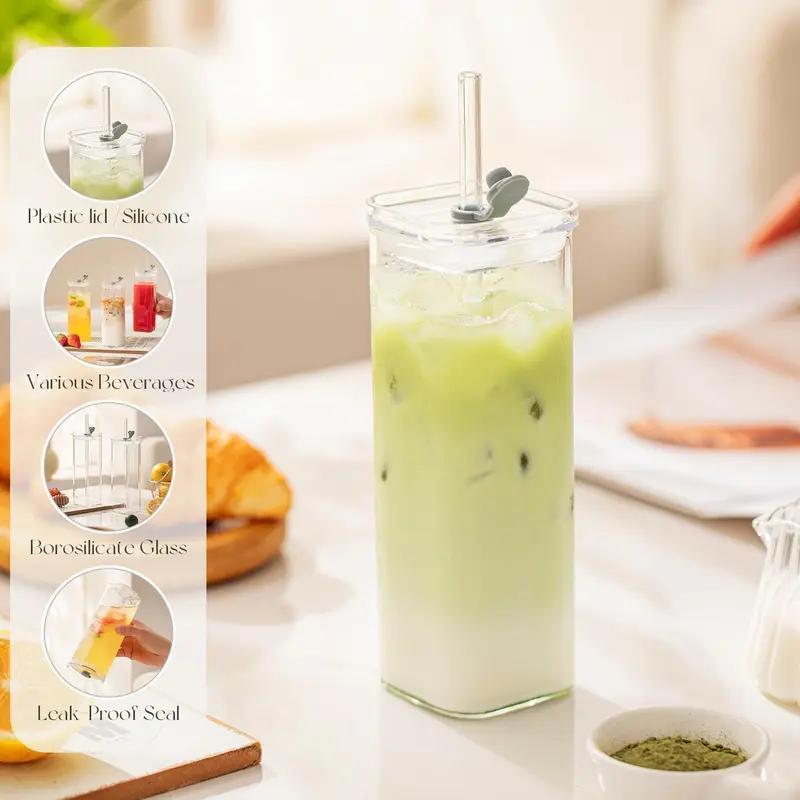 8 Sets Modern Square Ribbed Glass Cups with Lids & Straws, Versatile Clear Drinkware for Coffee Juice Cocktail, Must-Have Home Bar Gift & Valentine’s Day Surprise