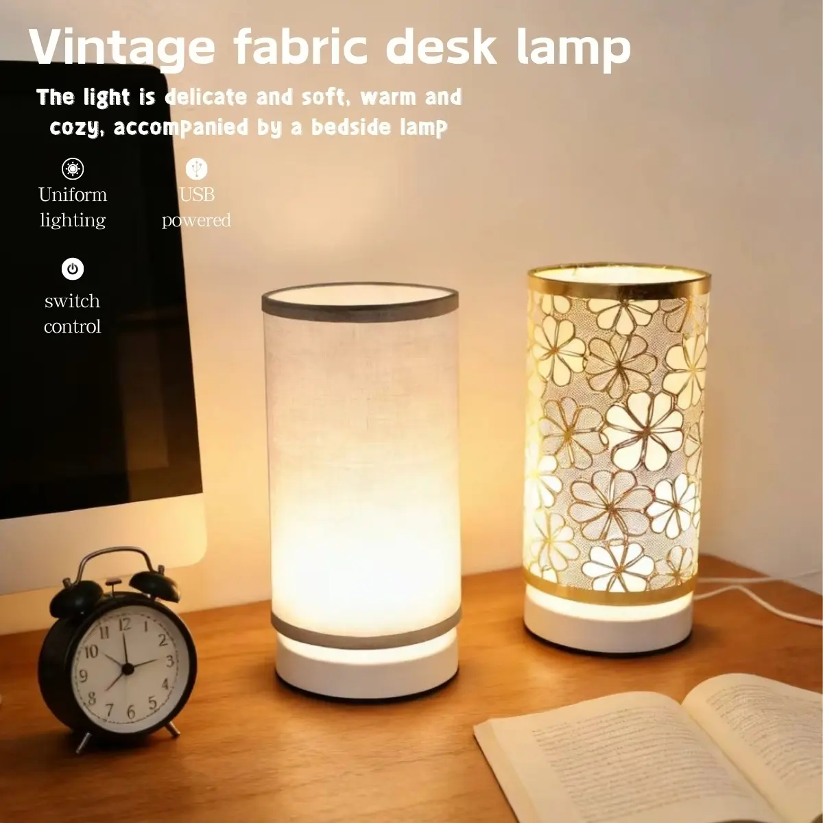 1pc Modern Minimalist USB Powered Fabric Table Lamp with Geometric Pattern Shade, Fabric Lampshade, Metal Base and Button Control for Bedroom Lighting Living Room Office Dorm Decor, Home Decoration Lamp