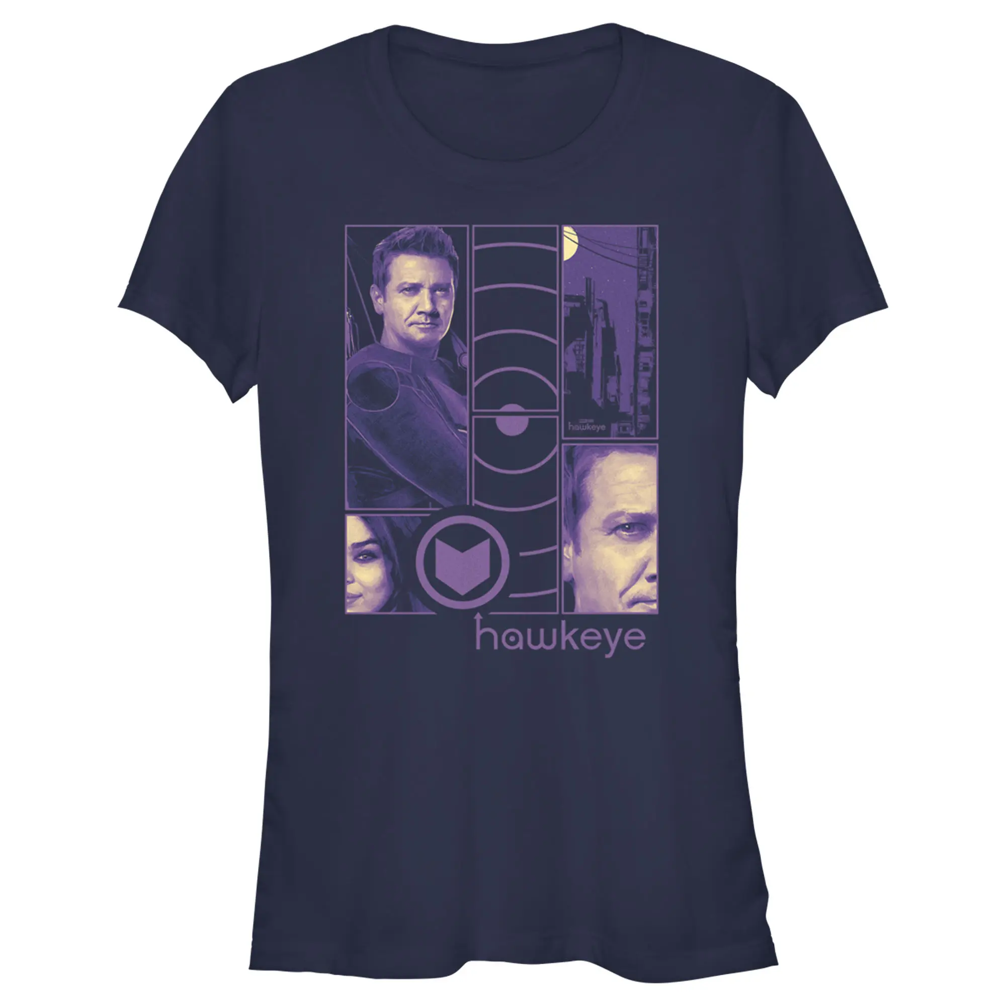 Juniors Womens Marvel Hawkeye Purple Panels T-Shirt