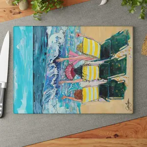 Colorful Printed Mermaid on Vacation Painting Kitchen Chopping Board, Decorative Glass Hot Plate - 8x11 or 11x15 Sizes