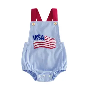 Babamoon Newborn Infant Baby Girl Boy 4th Of July Overalls Romper USA Flag Embroidery Sleeveless Jumpsuit Suspender Pants Onesie Bodysuit Clothes