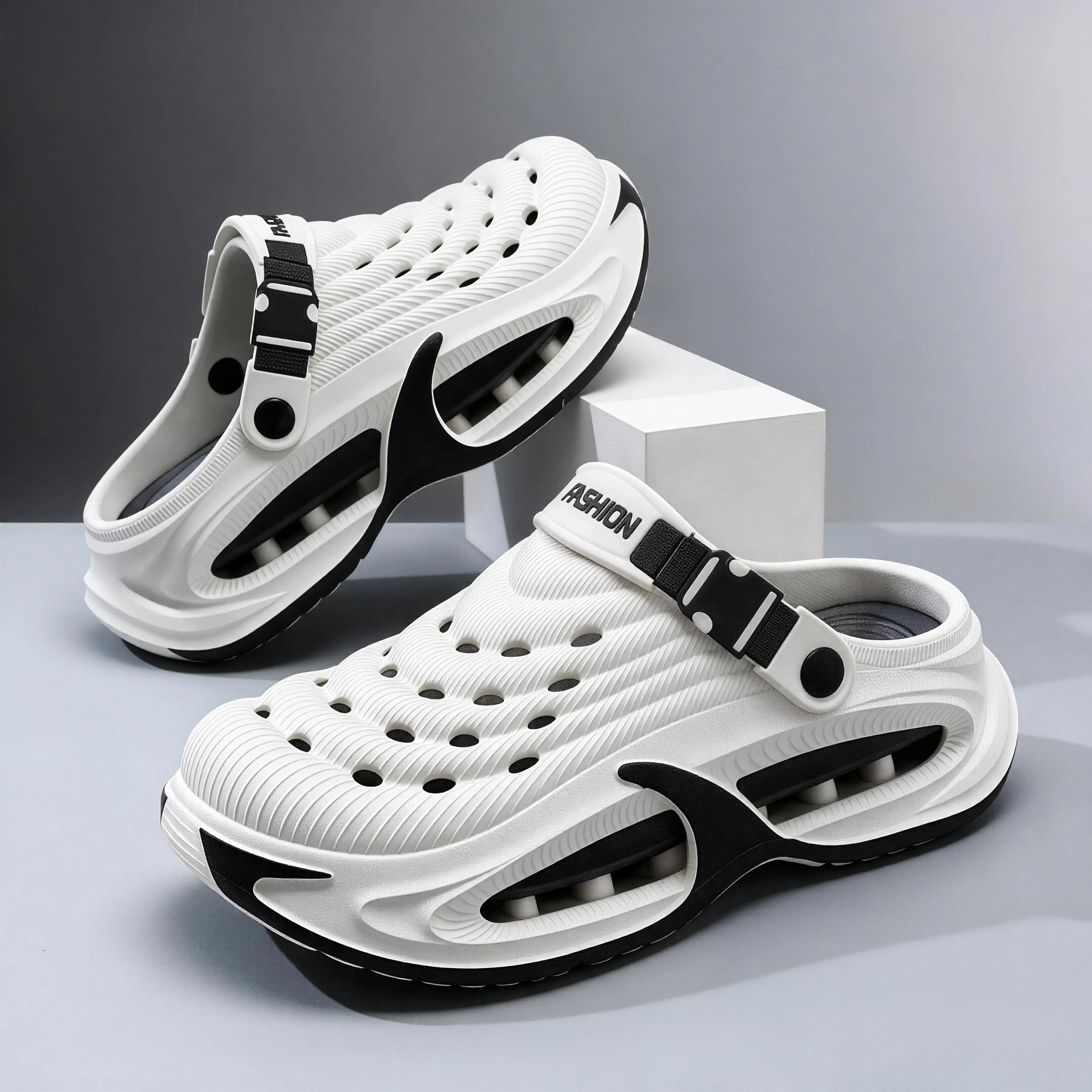 Women's Unisex Full Perforated Hollow Platform Clogs - Adjustable Rear Strap, Wave Texture, Soft EVA Slippers - Shoe, Footwear, Slide, Water-Proof for Street Fashion, Beach Vacation, Round Toe, Polka Dot, Street Chic, All Season