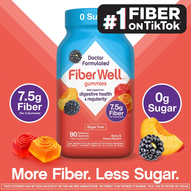 [Vitafusion] Fiber Well Sugar Free Gummies - 7.5g - Berry & Peach Flavor Fiber Gummies - Supports Digestive Health & Regularity - 90 Gummies