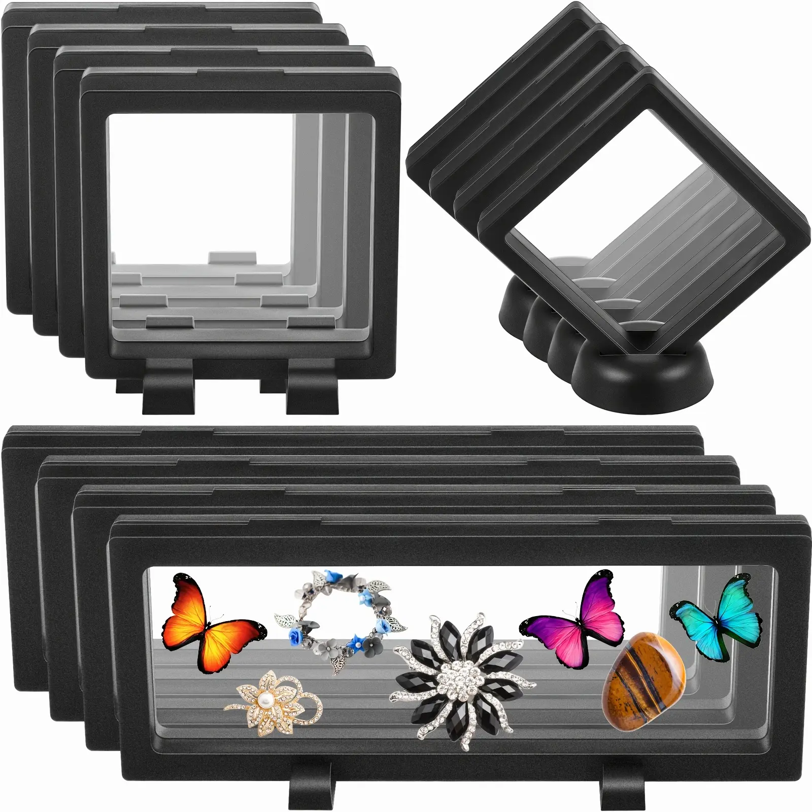 12pcs 3D Floating Display Case Coins Floating Display Stand Transparent PE Jewelry Storage Box Suspension Frame for Challenge AA Medallions Specimens Chip (Multiple Sizes)