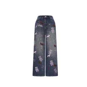 TCH -2026 New Velvet Hot Diamond Bear Lazy Cowboy Blue Wide Leg Jeans for Women
