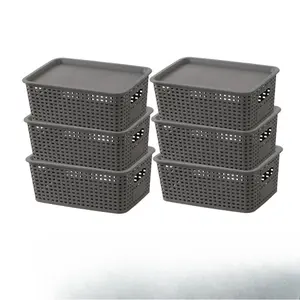 Six-piece set of thickened plastic storage boxes with lids - stackable organizers suitable for home, classroom, and wardrobe organization; shelf storage baskets, tiered storage crates.