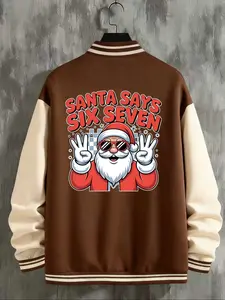 Men's Casual Sports Cartoon Santa Print Jacket, Light Stretch Regular Fit, Baseball Collar, Button Closure, All Season Multifunctional Coat
