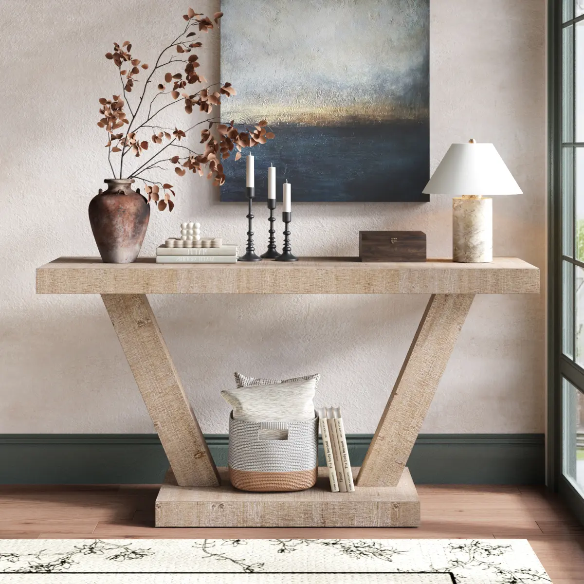 Farmhouse Console Table, 60-Inch Rustic Sofa Table with Storage, Industrial Wooden Entryway Table for Hallway, Living Room, Antique Natural