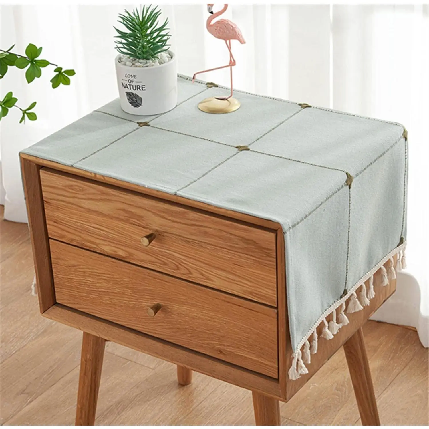 Simple Bedside Table Tassel Cover Cloth, Tablecloth Cover Towel, Suitable for Bedside Table TV Microwave Washing Machine Refrigerator Dust Cover (Gray Green, 15.7 * 35.4 inches)