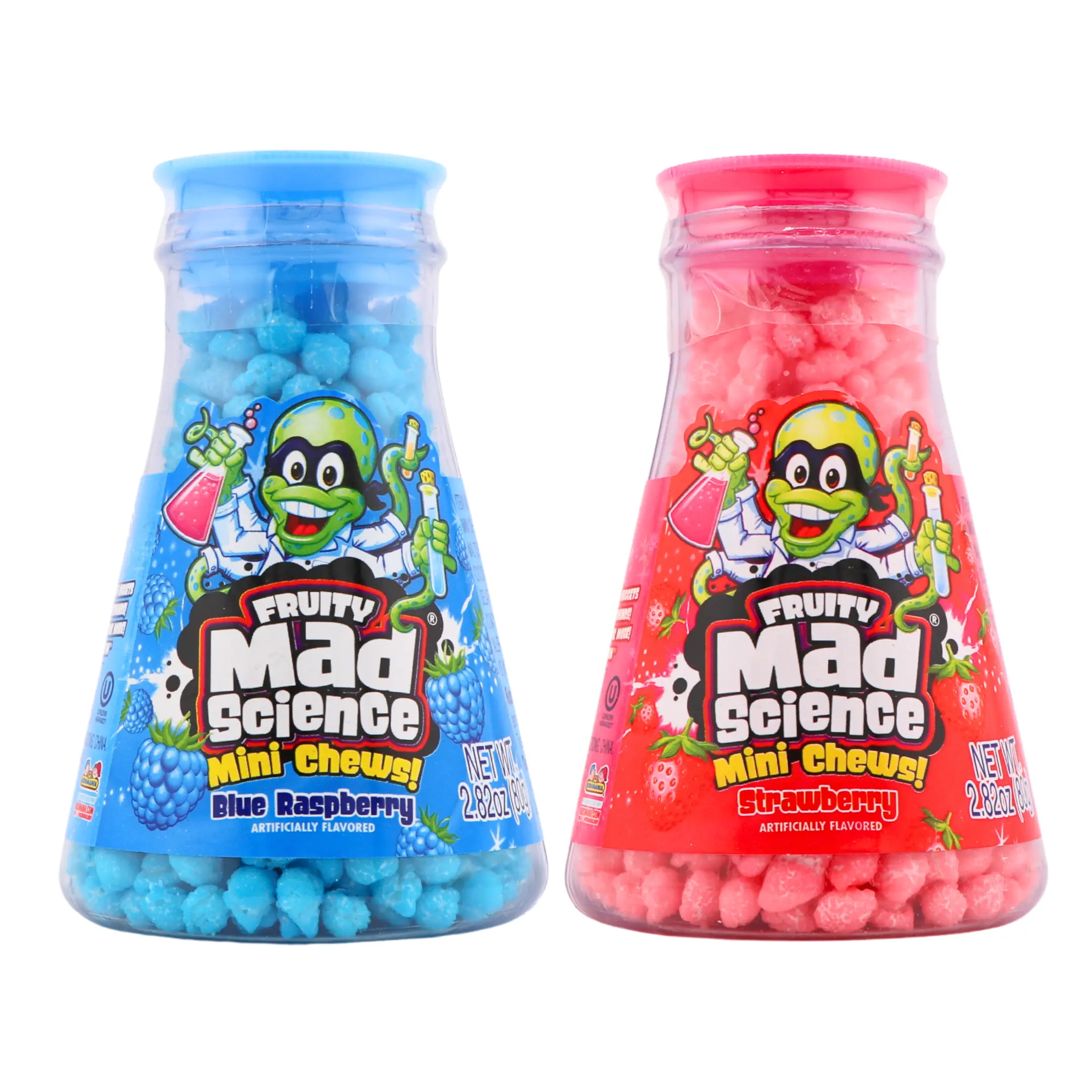 Mad Science Mini Chews | Blue Raspberry or Strawberry | Fun Beaker-Shaped Packaging