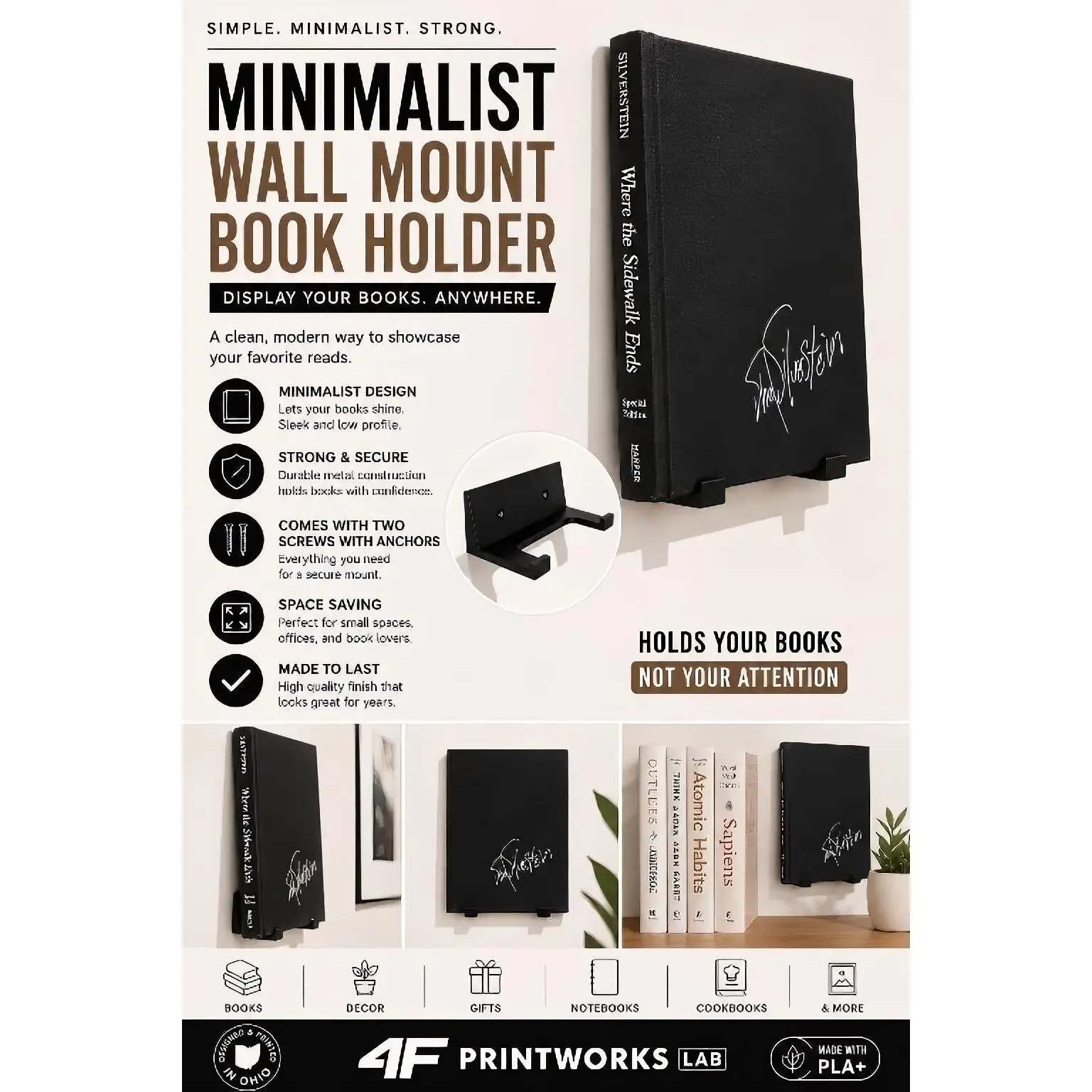 Minimalist Wall Mount Book Holder | Floating Book Display Shelf | Includes Mounting Hardware | Made in USA