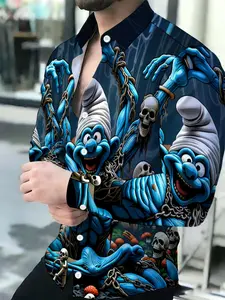 Men's Summer Long Sleeve Fashion Casual Button Shirt with Blue Zombie Smurf Chains and Skulls Print