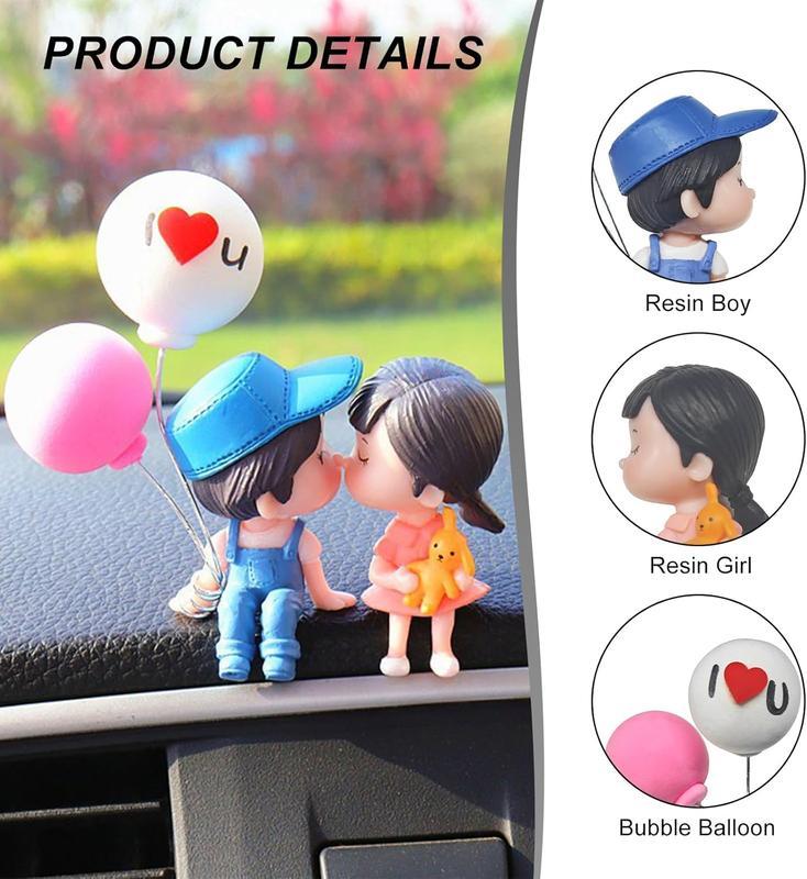 Cute Couple Car Dashboard Decorations, Lovely Couple Kiss Cartoon Figurines Car Ornament, Resin Material Boy Girl Car Interior Decoration with Balloon for Car Dashboard Gifts