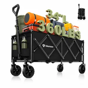 Heavy-Duty Collapsible Wagon Cart Foldable - 34-in Extra Long Trolley, 360LBS Capacity, 360-Degree Wheels, Portable for Grocery, Camping (Black)