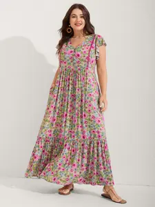 【Summer Turn-Up】Bloomchic Sweet Floral Lace Trim Tiered Maxi Dress Cap Sleeve VNeck Boho Holiday Style for Summer Multicolor Prints with Side Seam Pocket & No Belt Closure Bohemian SpringStatements 2026 Summer Pick for Mother's Day