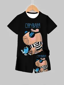 Capybara Trendy Set, Cool Water Rabbit Short Sleeves, Adorable Cp Print Streetwear, Cute Buff Design, Casual Style Tee & Shorts, Striped Sets, Clothes Kids