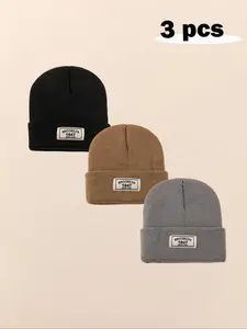3pcs Baby Beanie, Knitting Beanie, Infant Newborn Toddler Winter Warm Knit Cap, Casual Letter Pattern, Fall & Winter Outdoor Accessories