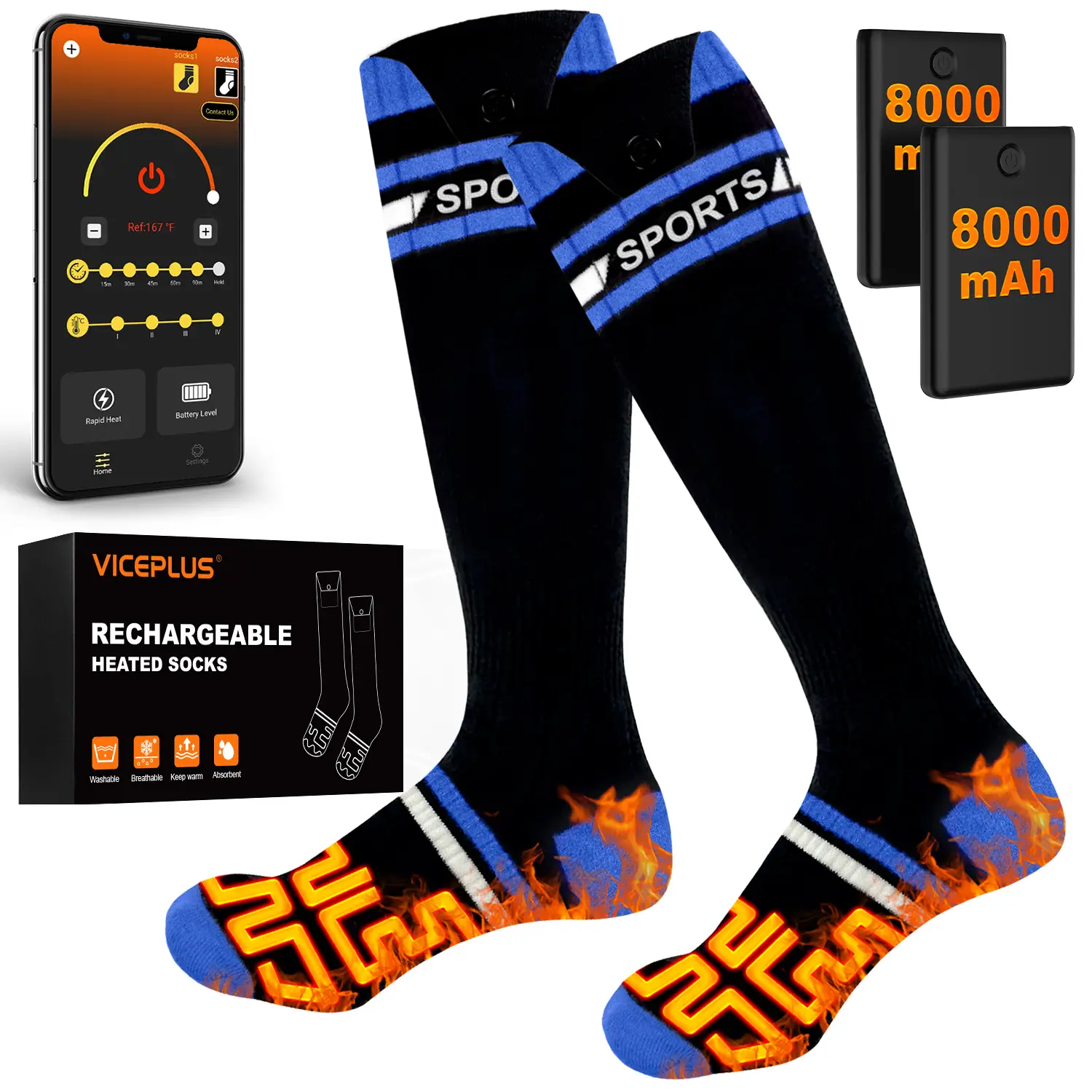Heated Socks Rechargeable with 2* 8000mAh Batteries for Men Women, App & Battery Control, Washable, Perfect for Skiing, Hiking, Hunting and Outdoor Wo