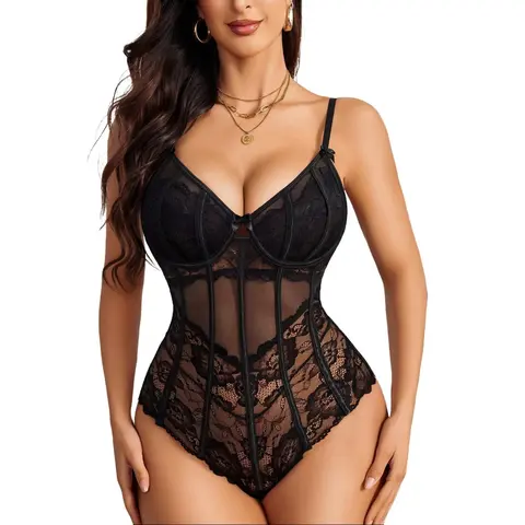 Avidlove Women's Lace Bodysuit with Spaghetti Strap V-Neck Cutout Underwire Support Floral Mesh Fabric Adjustable Straps S-XXL