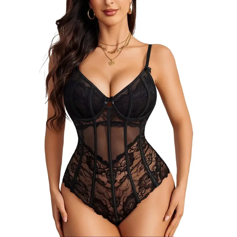 Avidlove Women's Lace Bodysuit with Spaghetti Strap V-Neck Cutout Underwire Support Floral Mesh Fabric Adjustable Straps S-XXL