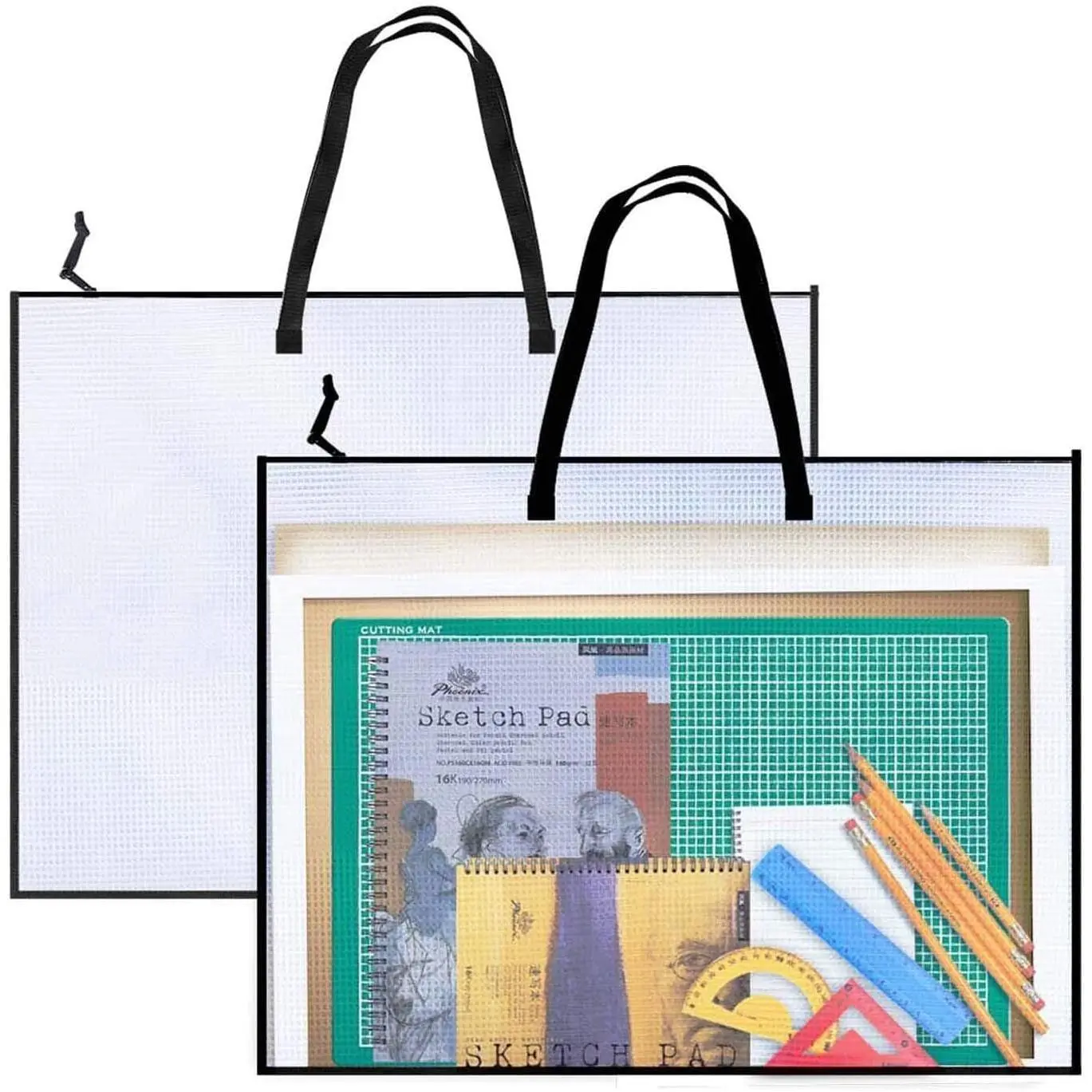 2 Pack 19x25 inch Art Portfolio Bags, Artwork Storage Case with Handle and Zipper Vinly Mesh Folder Organizers for Bulletin Boards, Scrapbooks,  and Poster Storage