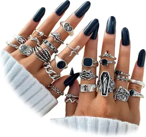 63 PCS Vintage Silver Knuckle Rings Set for Women Teen Girl, Stackable Joint Finger Statement Rings Bohemian Retro Hollow Carved Midi Rings, Boho Y2k Snake Butterfly Heart Chunky Stacking Rings Pack