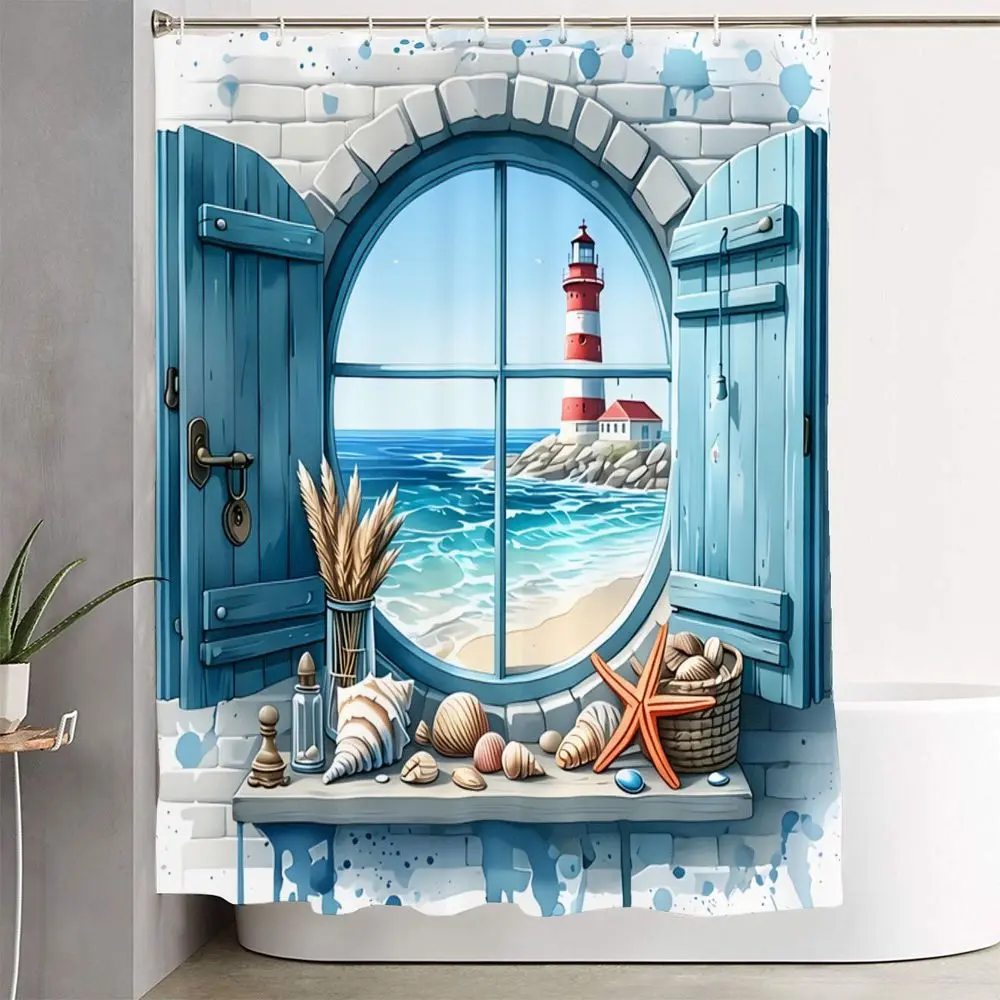 1/4pcs Coastal Nautical Bathroom Decor Set, Bathroom Decoration Accessories, with Watercolor Lighthouse Shower Curtain, Matching Bath Mats, Toilet Seat Covers, and Hooks - Beachy Cottage Aesthetic