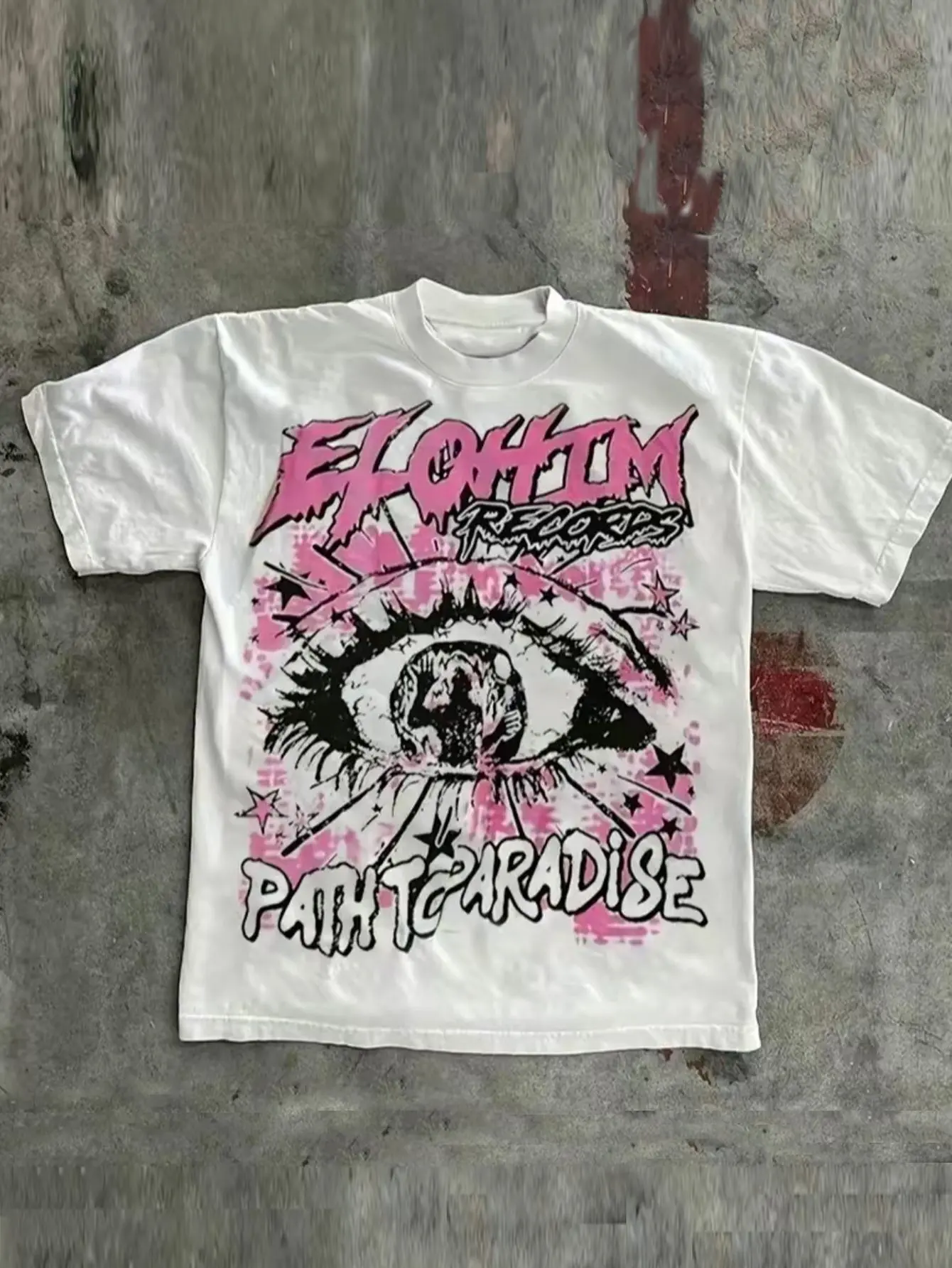 Men's Limited Edition Y2K Retro T-Shirt - "ELOHIM Path to Paradise" Bold Slogan Print,  Cotton 180g Crew Neck Short Sleeve Top with Pink & Black White, Casual Summer Tee S-3XL| Machine Washable Digital Print for durability