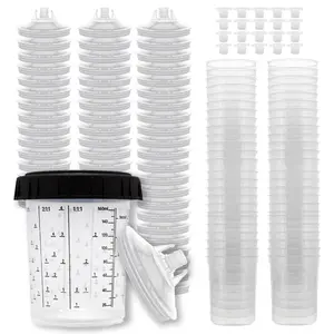50 Pack Disposable Spray Gun Paint Cups Liners and Lid System Kit - 6 Ounce (200ml) Kit - 50 Cup Liners, 50 Lids with 190 Mic Strainer, 1 Hard Cup with Retainer Ring and 20 Plugs Traditional Transparent, 6Oz