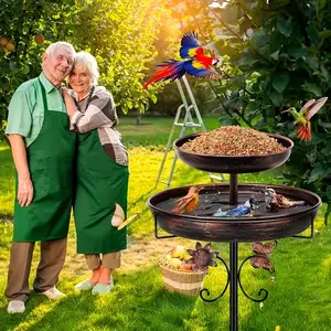 Retro Bronze Double Layer Bird Bath & Feeder, Large Capacity Easy Install & Clean