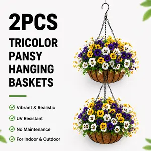 2PCS Artificial Pansy Hanging Baskets, Fake Flowers for Outdoor, UV Resistant Faux Hanging Plants, Realistic Outdoor Hanging Flowers for Porch, Patio, Balcony, Garden, Front Door Decor, No Watering Needed
