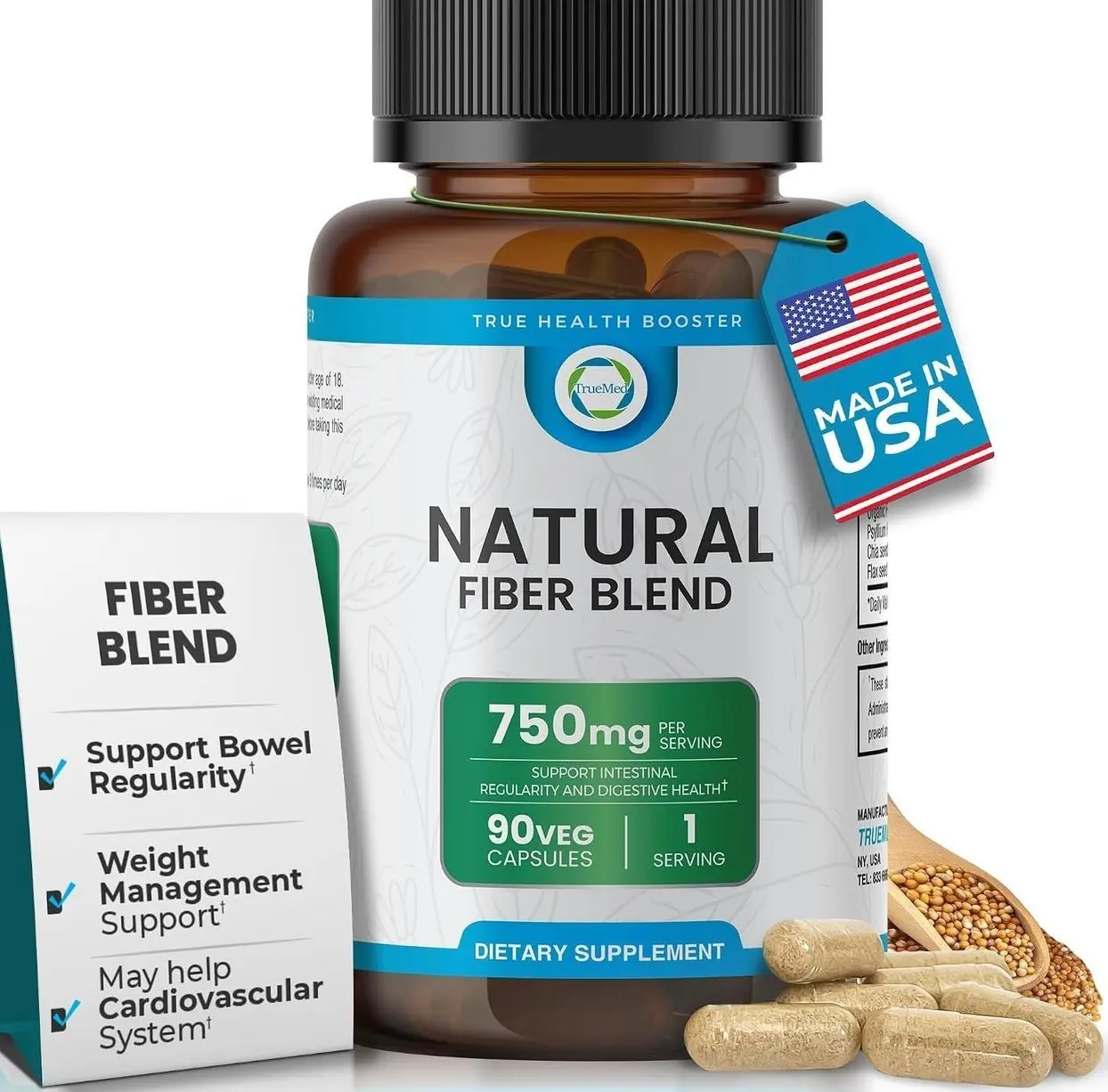 3-in-1 Fiber Supplement – 750mg Organic Blend with Psyllium Husk, Chia & Flax Seed – Plant-Based Fiber Capsules for Digestive Health & Cardiovascular Wellness – Made in USA – 90 Count